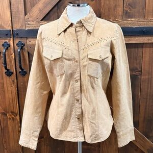 Vintage Roper Tan Leather Whip Stitch Pearl Snap Fitted Jacket/Shirt Size L